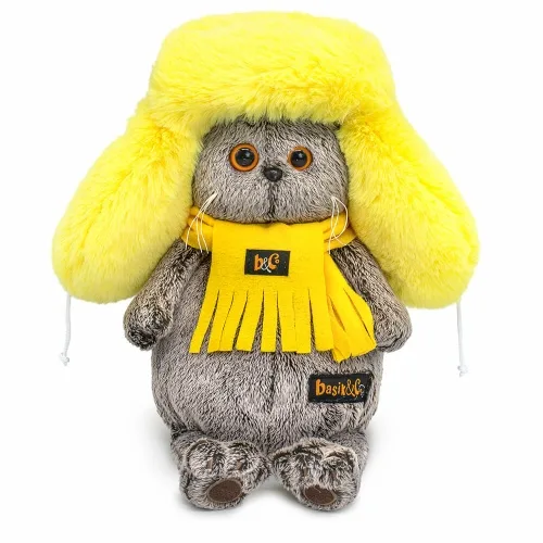 Игрушка кот Басик в желтой меховой шапке 22см